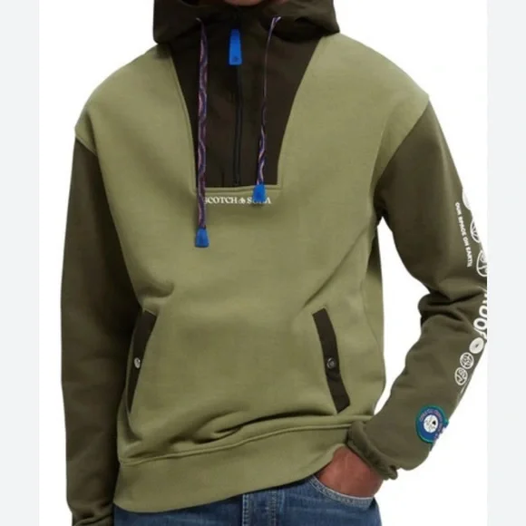 Scotch and soda Amsterdam hoodie Unisex M green 1/4 zip organic cotton - Picture 2 of 14